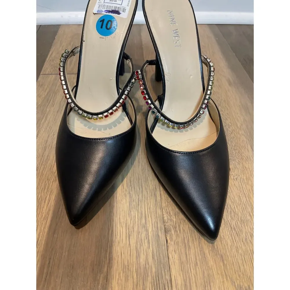 Nine West Womens Black Rhinestone Open‑Back Heels Size 10 New With Tag